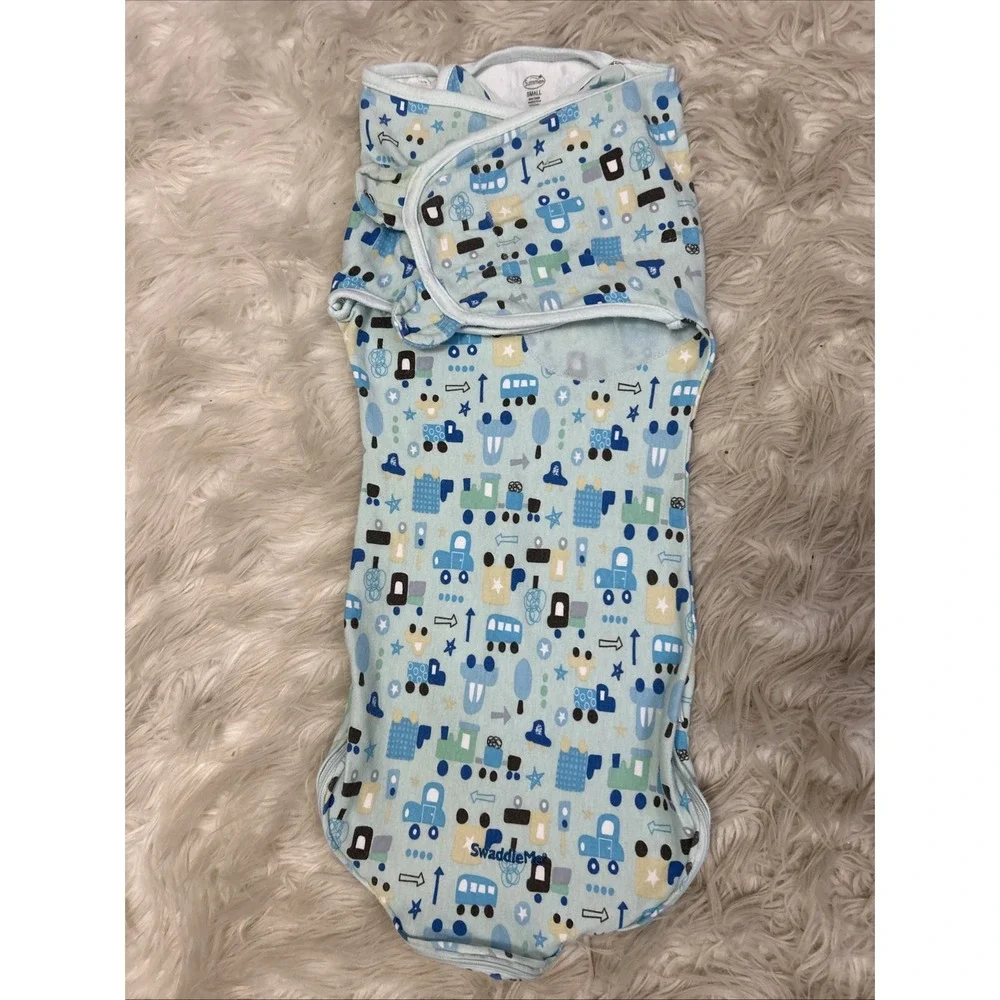 Swaddle Me Summer Blue Boys Trucks Cars Train Baby Snuggle Sleep Sack Size Small